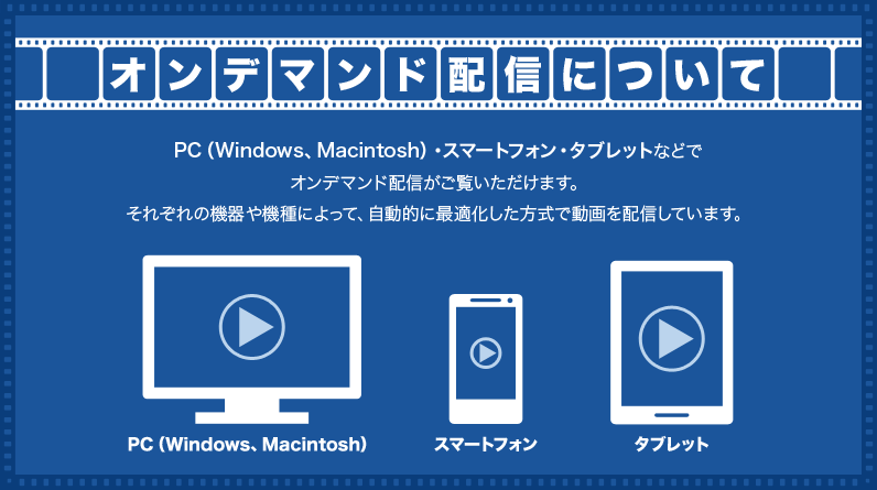 PC（Windows、Macintosh）・スマートフォン・タブレットなどで、オンデマンド配信がご覧いただけます。